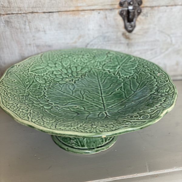 Majolica Green Vine Leaf and Strawberry Pedestal Plate