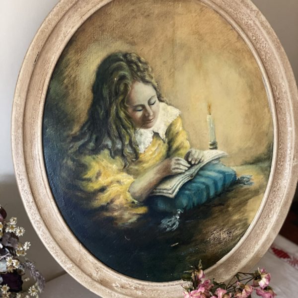 STUNNING ANTIQUE PAINTING OF GIRL READING BY CANDLELIGHT