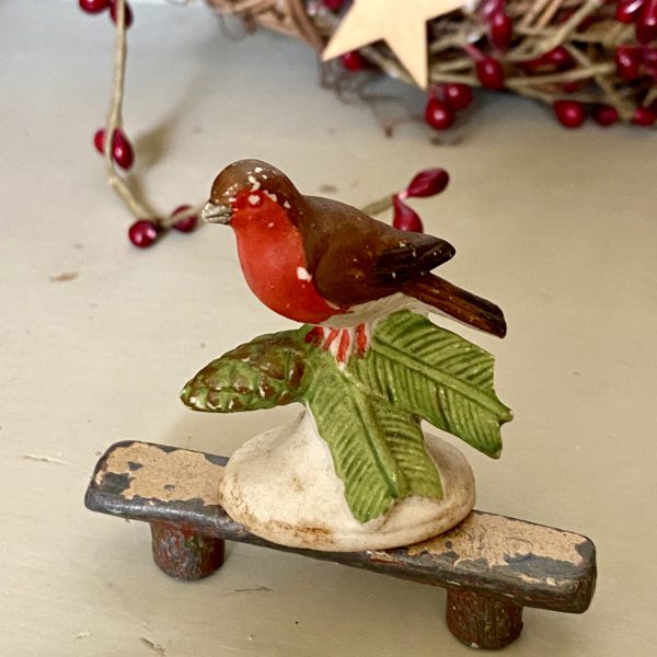 ANTIQUE BISQUE ROBIN ON A PINE CONE CHRISTMAS CAKE DECORATION
