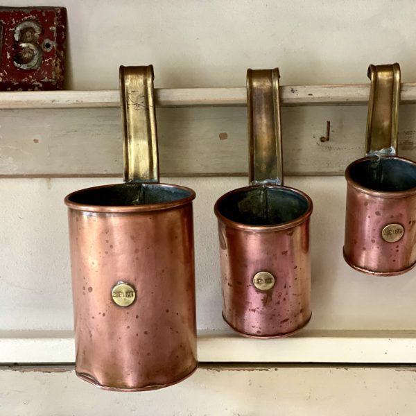 ANTIQUE SET OF 3 POLISHED COPPER BREWING MEASURING CUPS,PINT,HALF,GILL