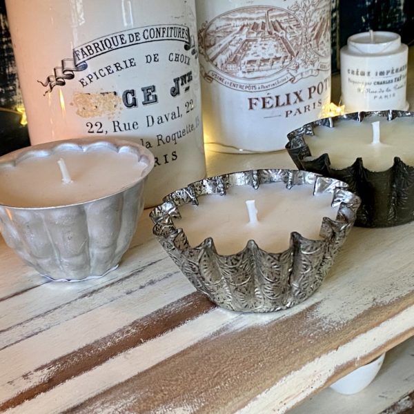 VINTAGE FRENCH REPOUSSE BAKING TINS AND VINTAGE TIN JELLY MOULD CANDLES