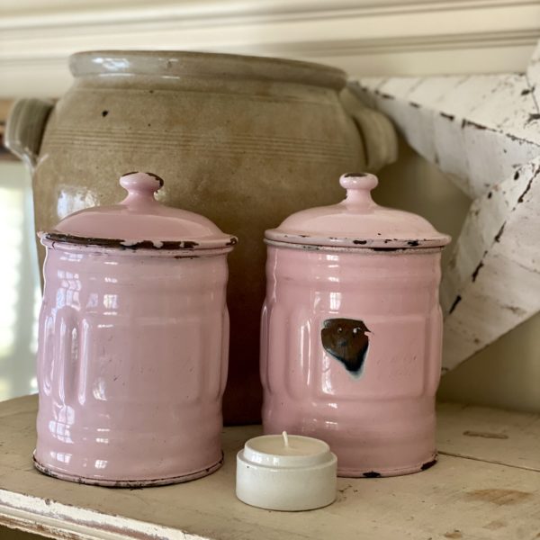RARE FRENCH VINTAGE PINK ENAMEL CANISTERS